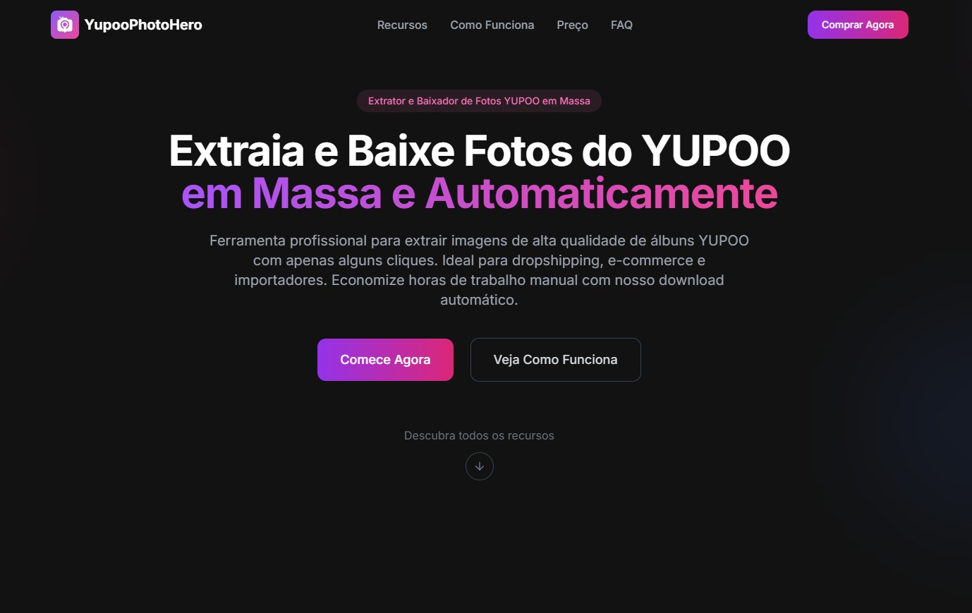 Interface do YupooPhotoHero mostrando a página inicial da ferramenta para download de imagens do Yupoo